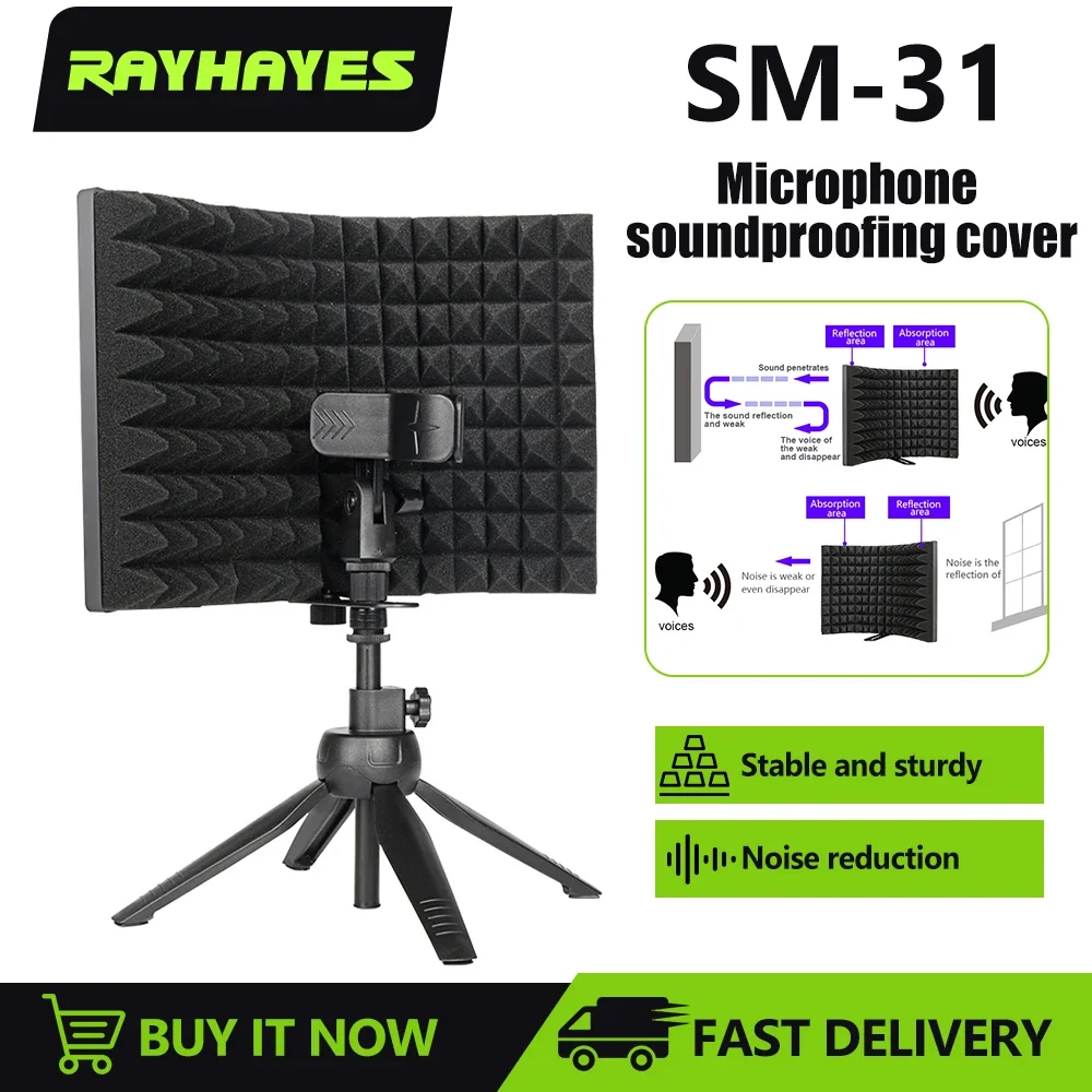 RAYHAYES SM-31 3 Panels Microphone Isolation Shield Foldable Sponge Soundproof Shield for Studio Recording Mic Filter Vocal