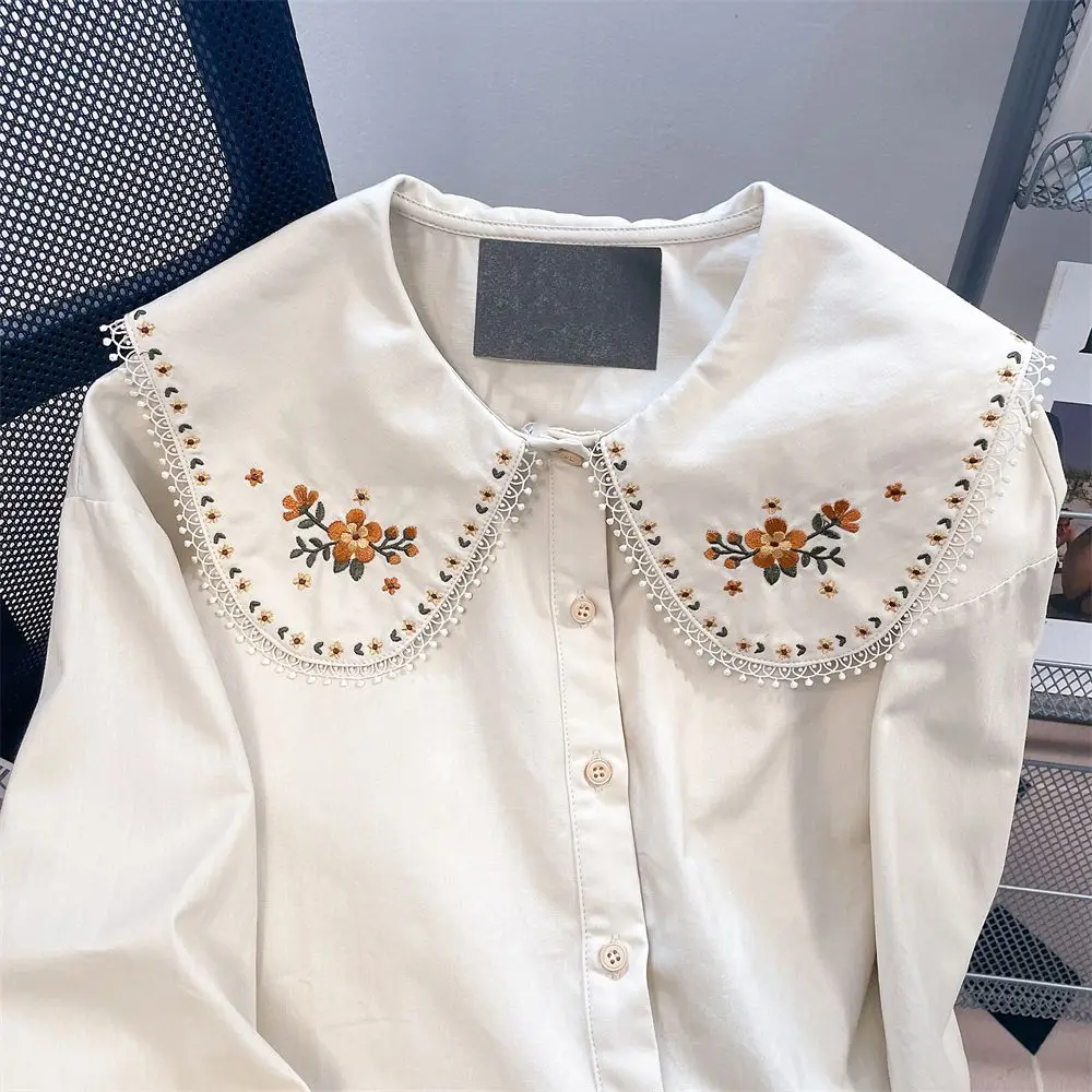 Plus Size 5XL 140KG Autumn Women Blouses Long Sleeve Embroidery Shirt Peter Pan Collar Casual Solid Color Women Tops