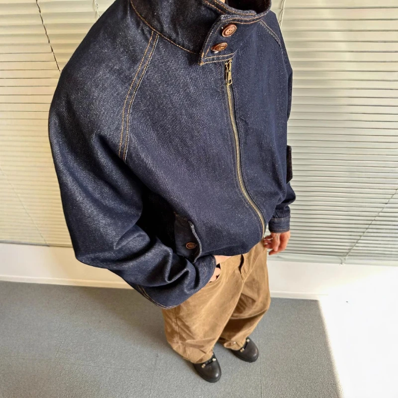 

Мужская джинсовая куртка в американском ретро-стиле, классическая необработанная джинсовая куртка на молнии, повседневная уличная верхняя одежда для весны и осени