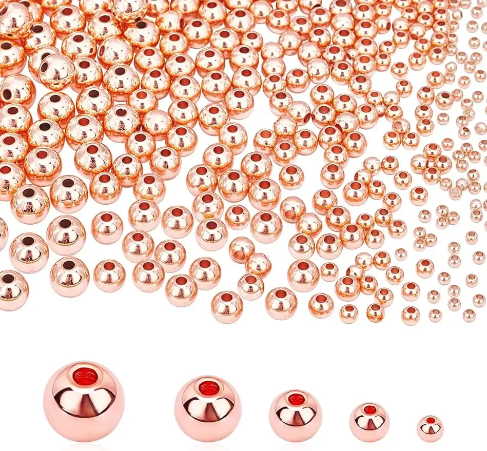 

5Sizes 14K Rose Gold Beads 300pcs Little Round Beads Seamless Smooth Ball Beads Long-Lasting Spacers for Bracelet Necklace