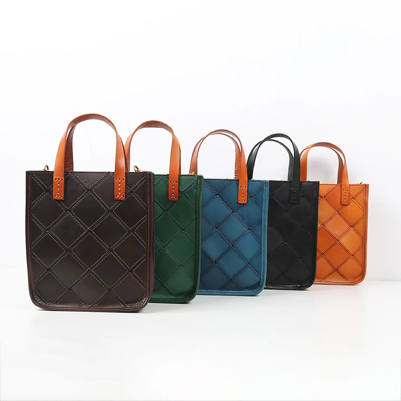 Genuine Leather Cow Skin Handmade Plaid Women Crossbody Bag Small Totes