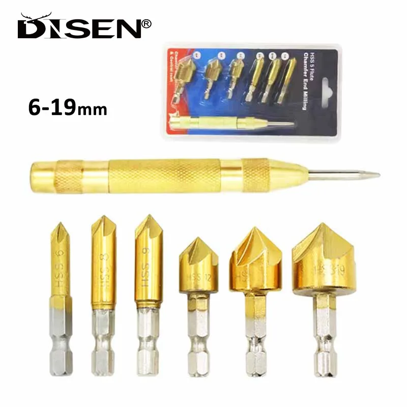 Countersink Drill Bit Set 1/4'' Hex Shank HSS 5 Flute Countersink 90°Wood Chamfering Cutter Chamfer With Central Punch 6mm-19mm