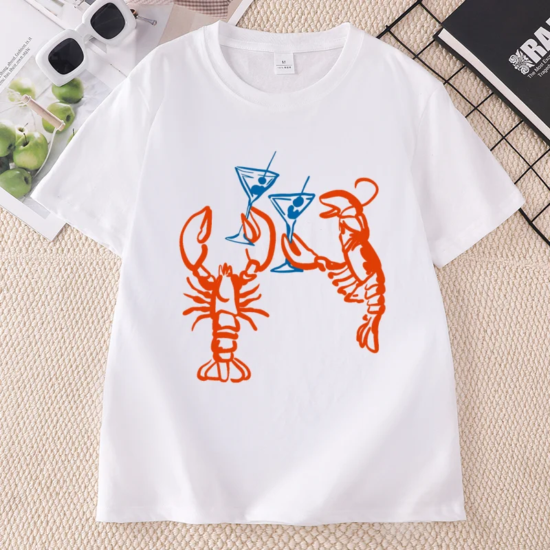 Funny Martini Lobster Graphic Tee Men Women Summer Cocktail Lover T Shirt Pullover Crew Neck Print Short Sleeve Tshirts