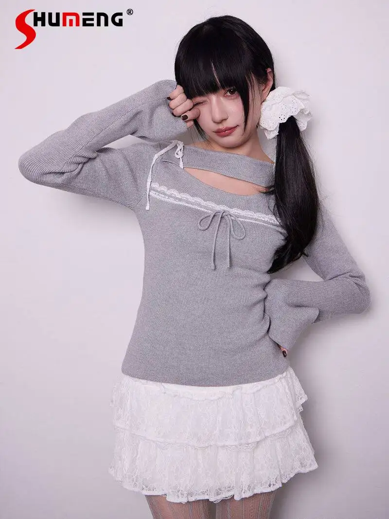 

Spring 2026 Japanese Elegant Sweet Hollow Round Collar Lace-up Bow Splicing Flare Sleeve Versatile Knitted Pullovers Tops Women