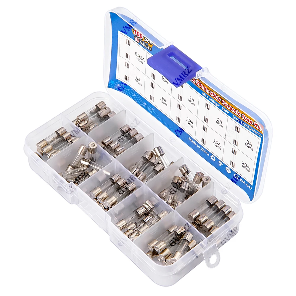 100 Stück 5x20mm Schnellverschmelzende Glasrohr-Sicherungen Sortiertes Set Ampere 0,25A 0,5A 5A 8A 10A 15A 20A 250V mit Aufbewahrungsbox 1A 2A 3A – Detail 2