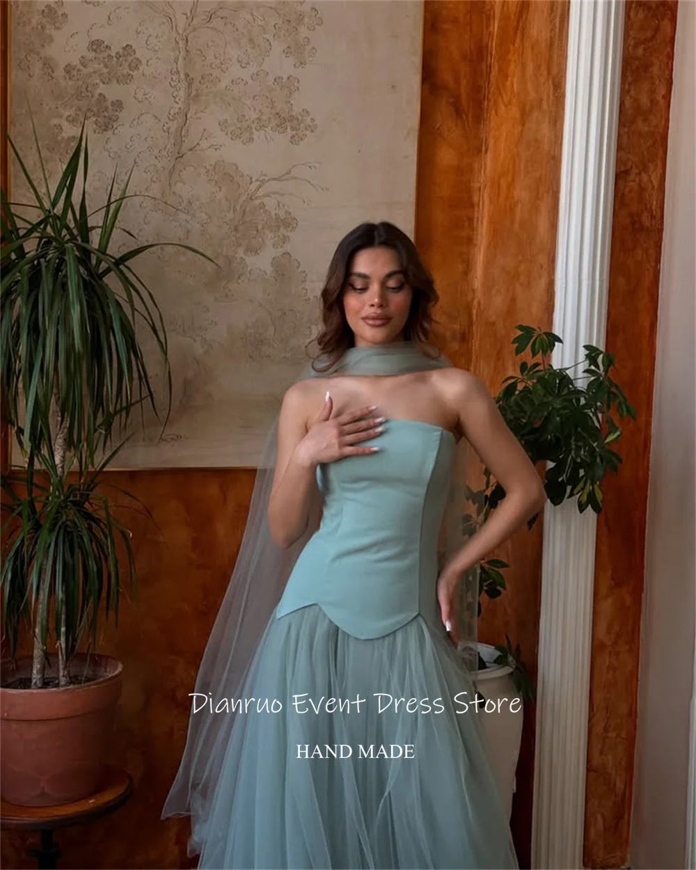 فساتين سهرة Dianruo برباط من التل طويلة الطول بدون حمالات رداء Soirées أشرطة A Line فستان حفلات الزفاف مخصص