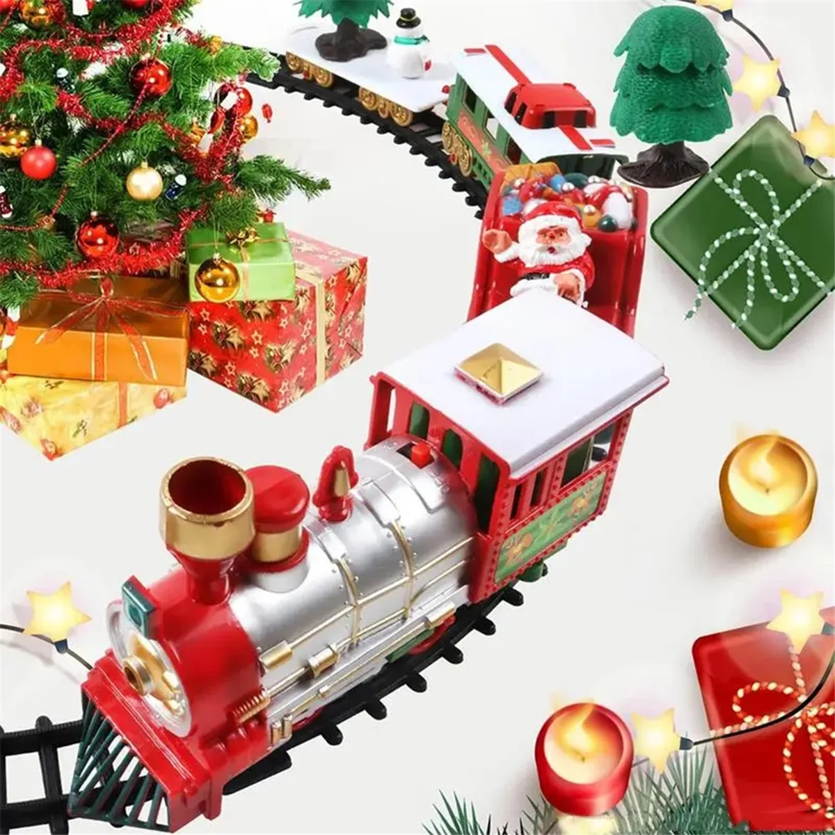 

【Today-Only!】Electric Christmas Train Toy Railway Car Racing with Music Santa Claus Christmas Tree Decoration Train