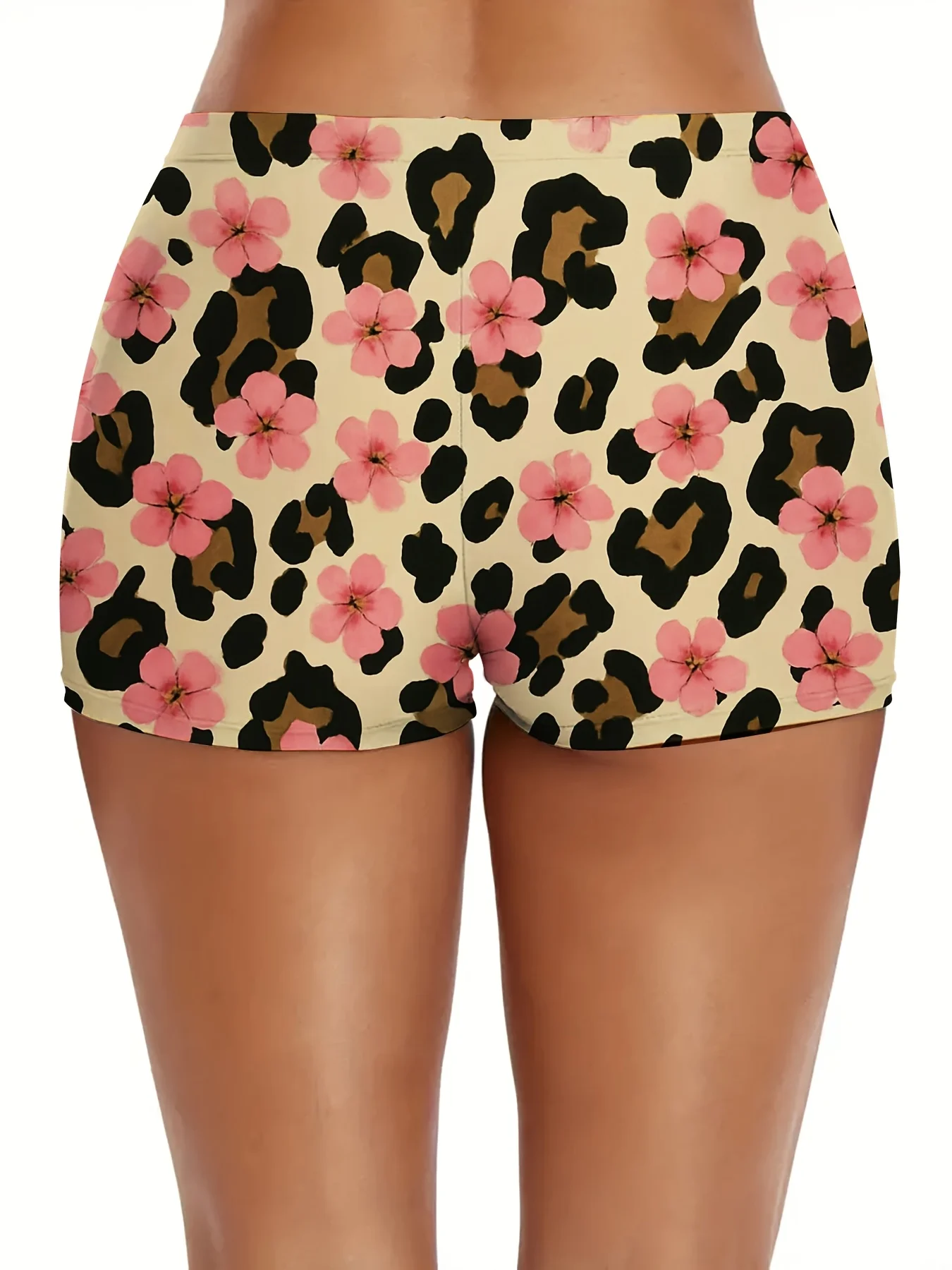 

Женские обтягивающие шорты | Полноцветный принт: бежевые и розовые цветы, леопардовый узор для летнего пляжного и повседневного образа