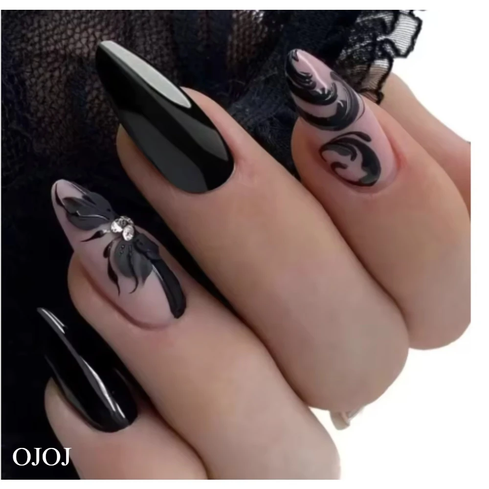 เล็บปลอมเจล 3 มิติ ลายดอกไม้ฝรั่งเศสสีเหลือง OJOJ แบบกดติด ใช้ซ้ำได้ คุณภาพระดับร้านทำเล็บ หลายขนาด ติดแน่น 24 ชิ้น