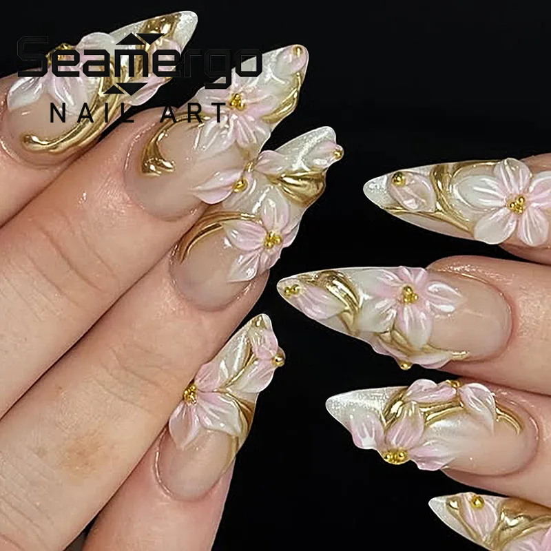 

24PCS Luxury White Flower Gradient French Press on False Nails Ethereal Pearl Golden Design Almond Fake Nails for Women Wearable
