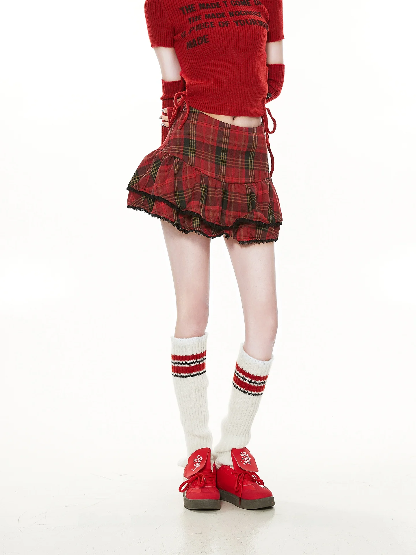 Stunning Red High Waist Bodycon  Skirt Plaid Short Pants Women Spring Autumn Unique Vintage Spicy Girl Flower Bud Skirt