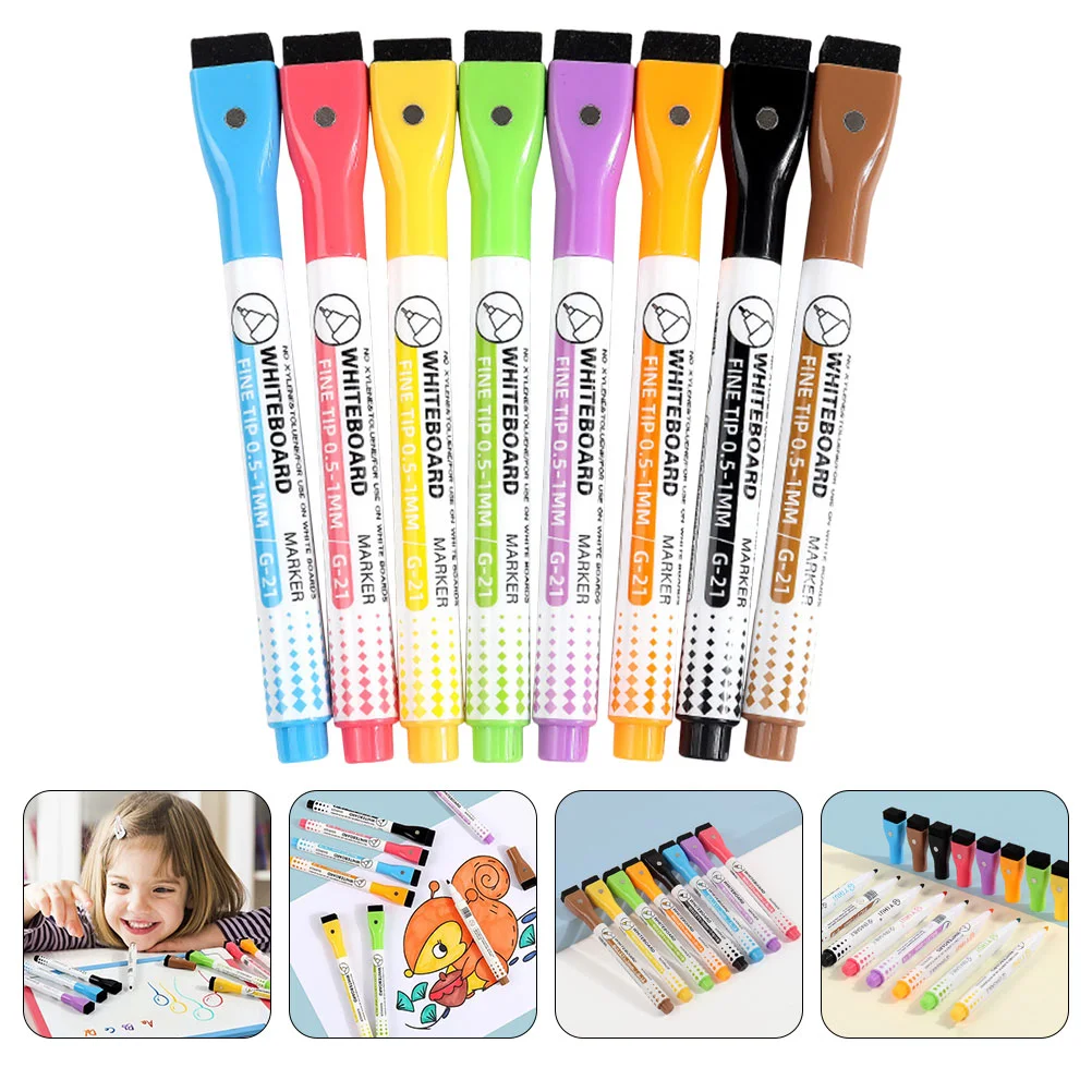 

8 Pcs Magnetic Whiteboard Pen Dry Erase Marker Fine Tip Pens Markers Wipe with Eraser Erasable Washable Child