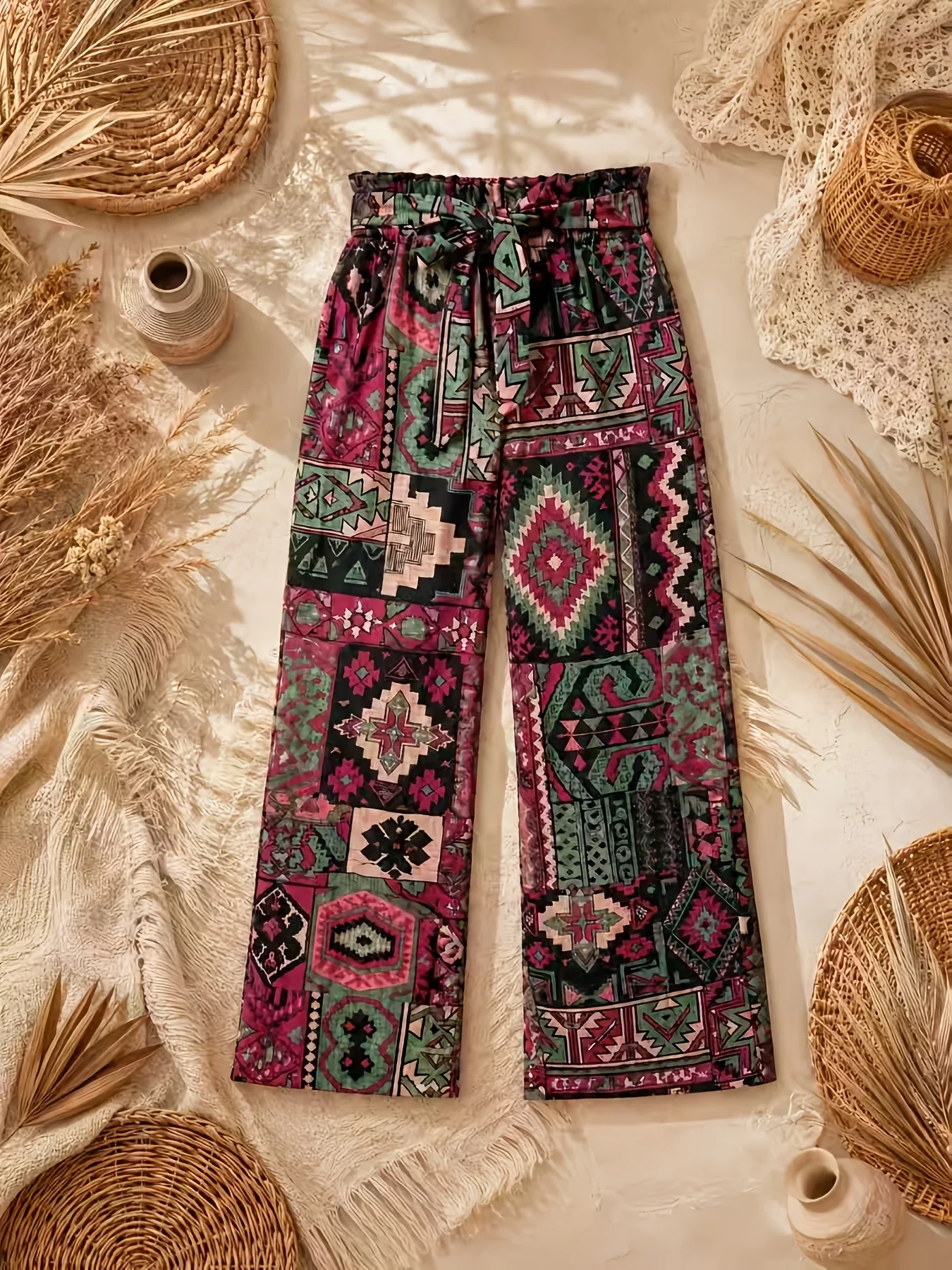 Women Ethnic Geometric Patchwork Print Wide‑Leg Pants, High Waist Elastic Ruffled Waist Bow Tie Draped Casual Trousers