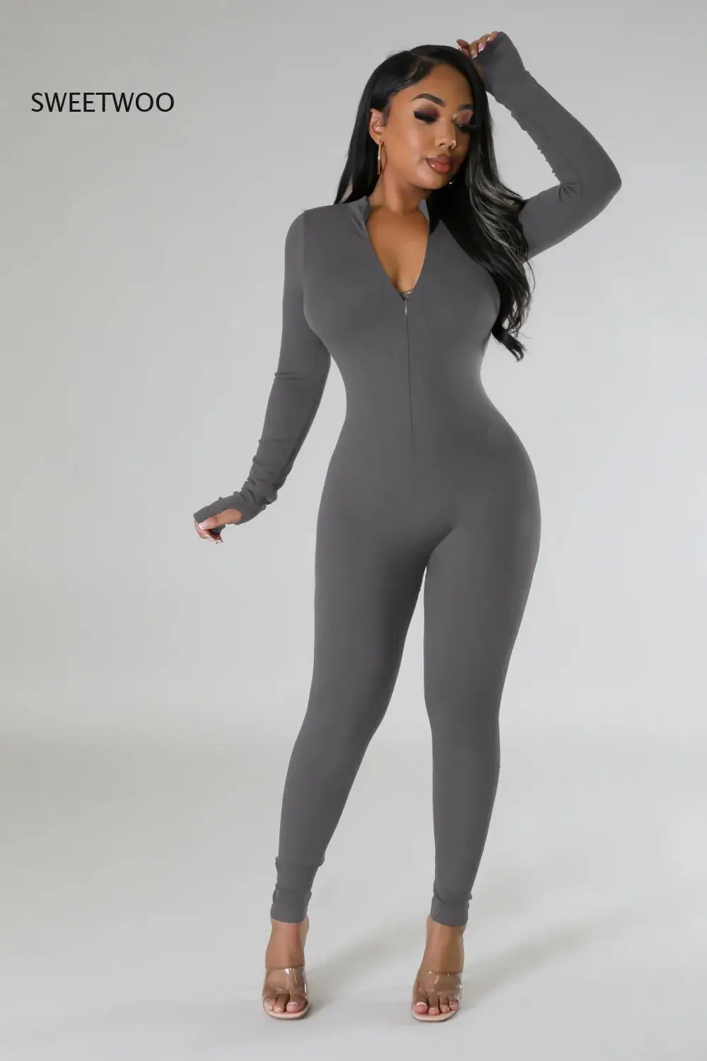 

2025 Spring And Autumn New Casual Sports Jumpsuits With Zipper Sexy Tight High Neck Women's Long Sleeve Jumpsuit