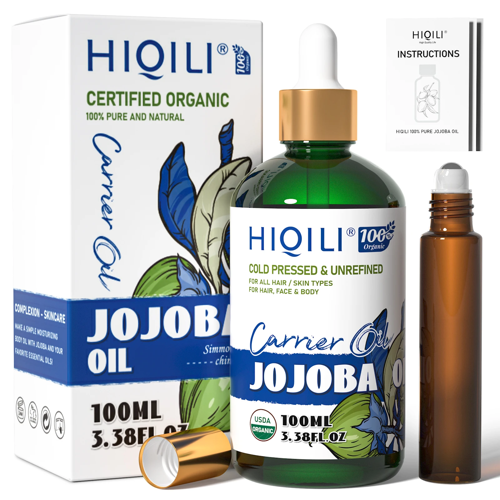 

HIQILI Pure Jojoba Carrier Oil,100ML Cold Pressed Unrefined Essential Oils for Mixing, Hair Care, Face, Nails, Massage