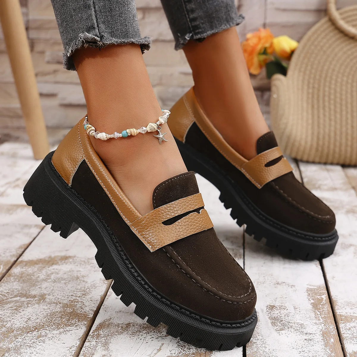 

Women's Coarse Heel Shoes Autumn New Round Head Suede Deep Mouth Thick Sole Anti-slip Wear-resistant Low-top Shoes