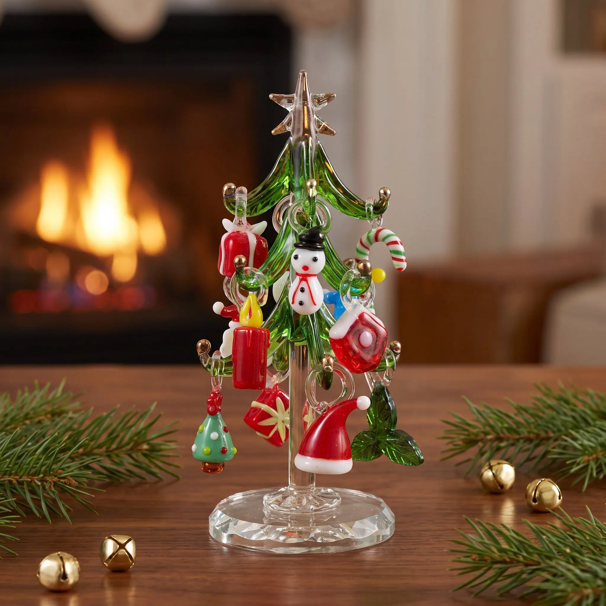 Glass Miniature Christmas Tree Green Statue Star Topper Holiday Table Centerpiece Desktop Decoration Christmas Tree Ornaments