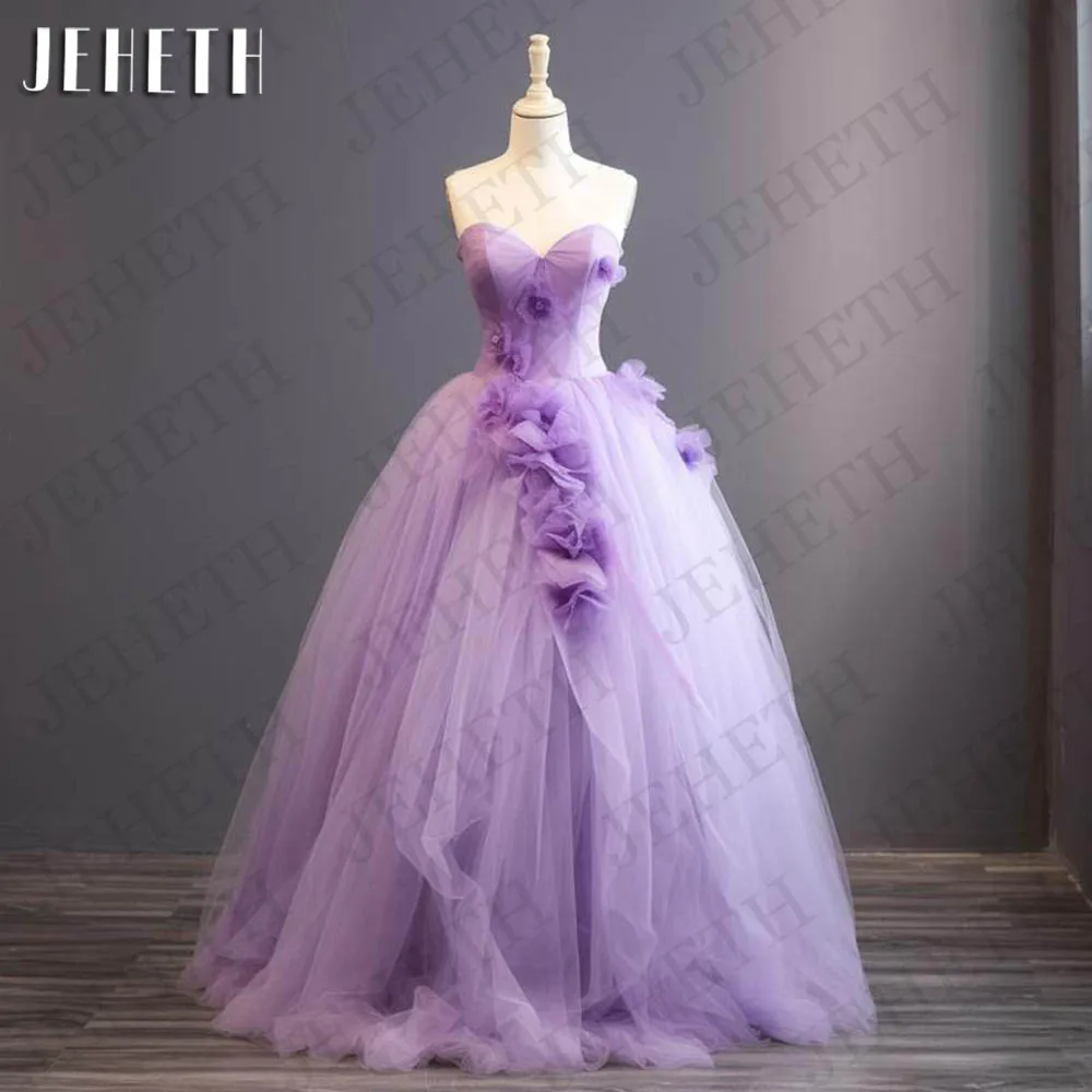 JEHETH-vestido de fiesta de tul 2024 sin tirantes, vestido de princesa púrpura con flores en 3D, coreano, escote Corazón, Formal, largo hasta el suelo Vestido de Prom Tul 2024 Princesa sin tirantes  Púrpura 3D Flores C