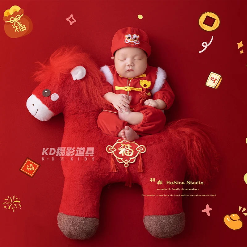 Lunar New Year Newborn Photography Costumes Traditional Tang Suit Romper with Hat, Pony Plush Pose Props for Baby Photo Shoots