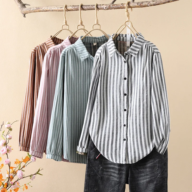 Cotton yarn striped elegant blouses for women 2024 spring long sleeve lapel striped basic shirts women clothing original brands