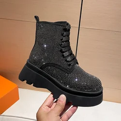 Designer Fashion Sparkling Crystal Women's Ankle Boots Luxury Water Diamond Winter Shoes Women's Thick soled Flat Shoes zapatos