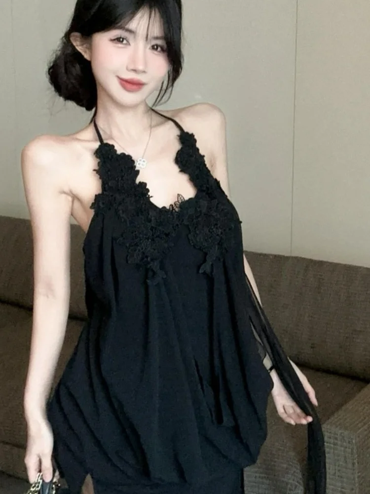 Vestido Preto Floral com Decote Costu nas Costas, Saia Solta de Chiffon para Mulheres, Saia Curta A-Line Única e Desejável