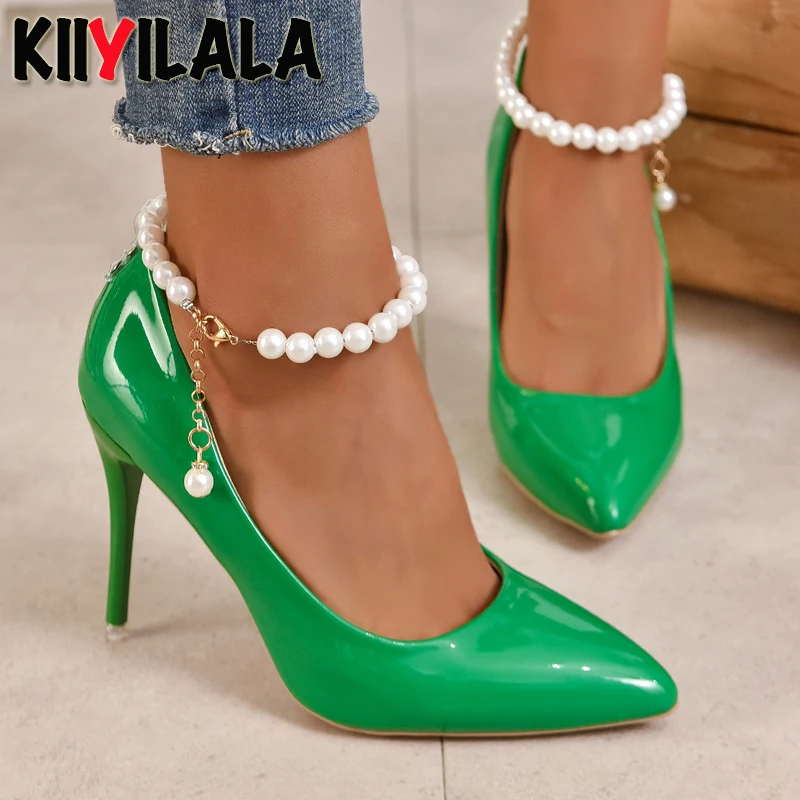 Big White Pearl Bead Chain 10cm Thin Stiletto Heels Women Pumps Brown Green Wedding Sexy Pointed Toe Buckle Strap Shoes Plus 45