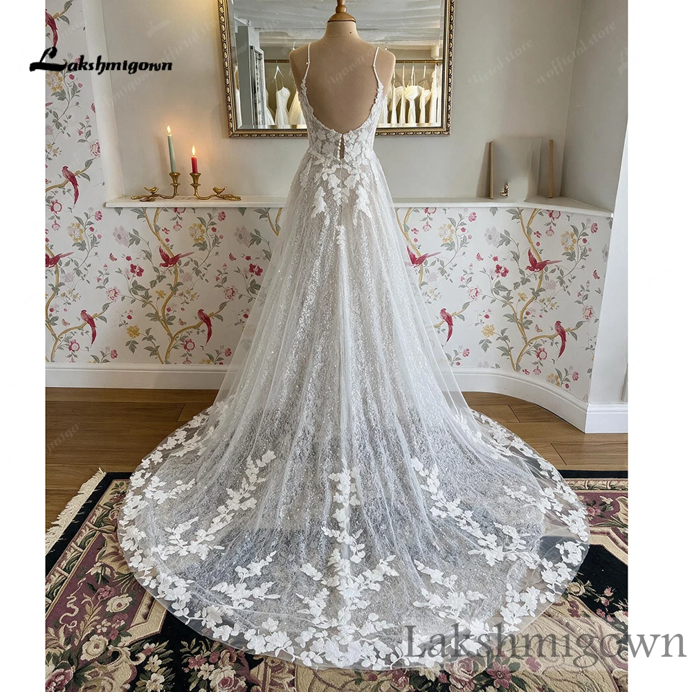 Lakshmigown Beach Bohemian Hochzeitskleider für die Braut 3D-Blumen-Spitzenapplikation Illusion Tiefer Rücken Tüll-Brautkleid Maßanfertigung – Detail 6