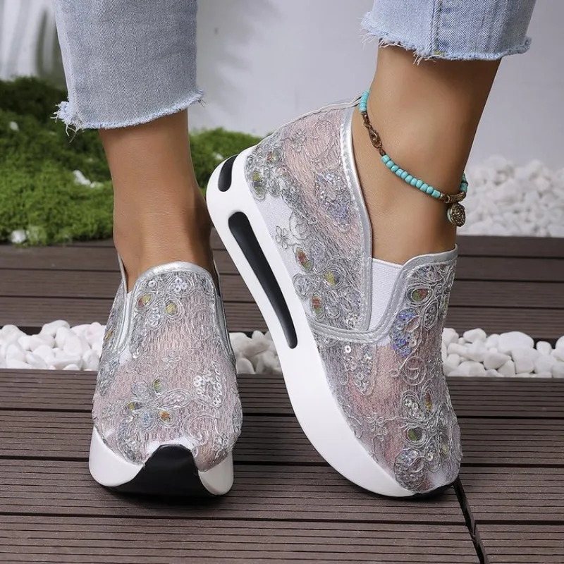 Lace Flats Platform Women Sport Shoes Mesh Breathable Sneakers 2026 Summer New Casual  Running Beach Rocking Dance Shoes