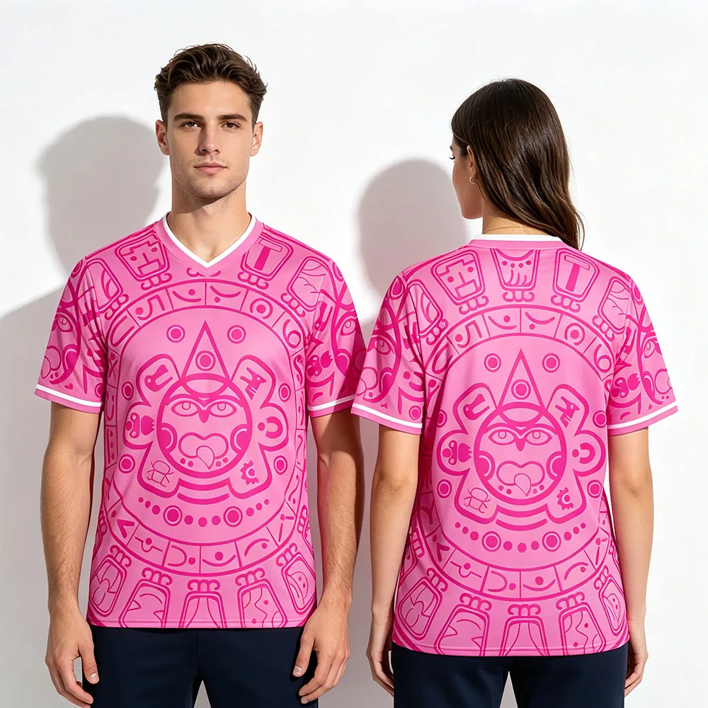 Unisex V‑Neck Sports Jersey Mexico Aztec Calendar Full Print Short Sleeve T‑Shirt Retro Casual Streetwear Tops for Men Women Tee