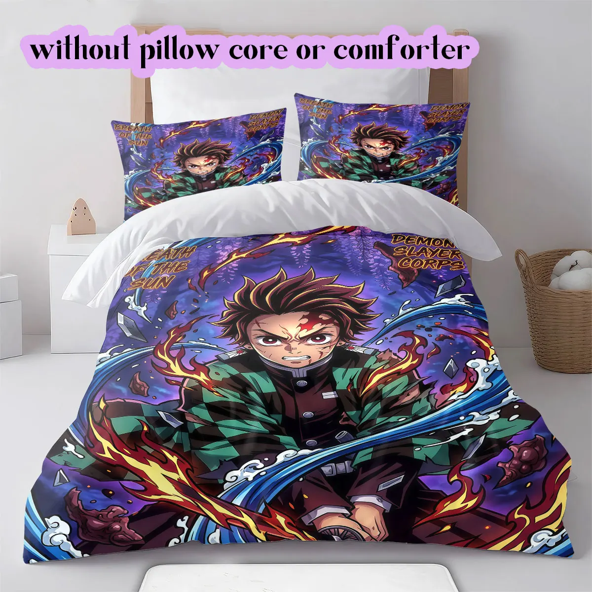 Demon Slayer Colorful Anime Duvet Cover with Cartoon Characters,3pcs Printed Bedding Set,Cool Home Decor Comforter Cover_LIAN