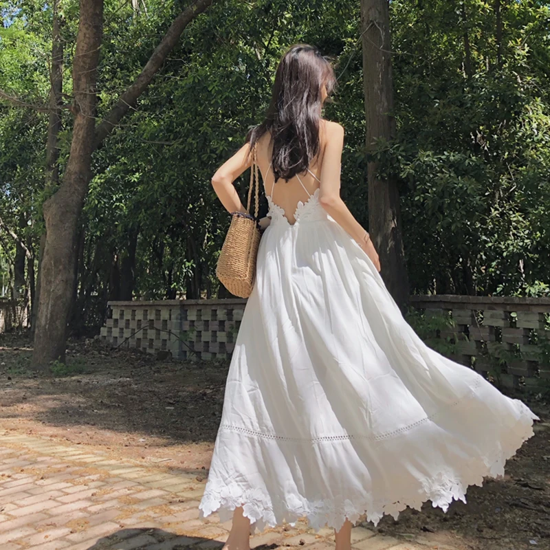 

2022 New Ssummer Dress Female Seaside Holiday Dresses Fashion Slim Backless Beach Suspender Long Dresses Women's Clothing