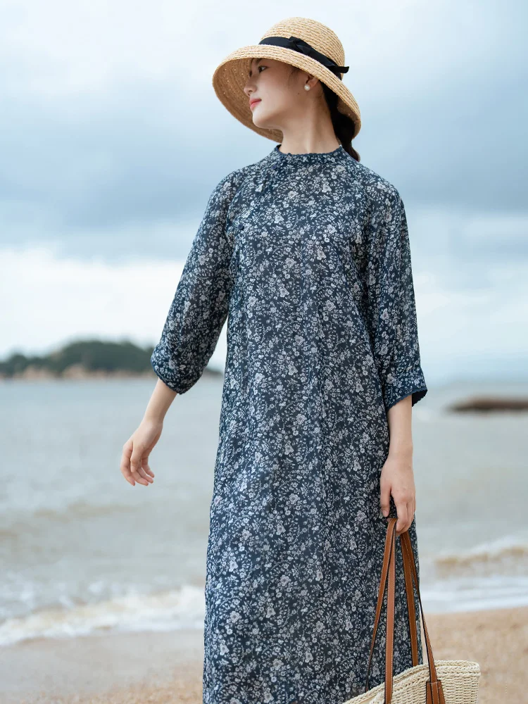 กระโปรงยาวผ้าไหมคุณภาพสูงลายดอกไม้เล็กๆ สไตล์จีน สำหรับผู้หญิง ใส่ทำงาน ดีไซน์ศิลปะ ทรงกลม รุ่น Ne ort Sl...