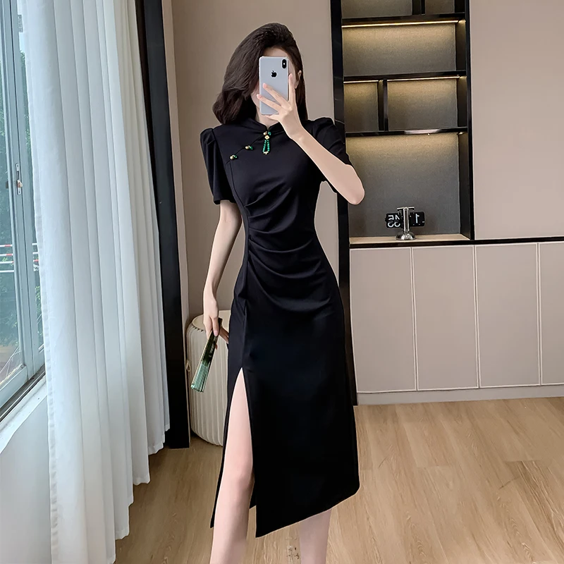 Chinese Style High-end Cheongsam Good Quality Slim Black Long Hip Wrapped Dress Modern Improved Qipao