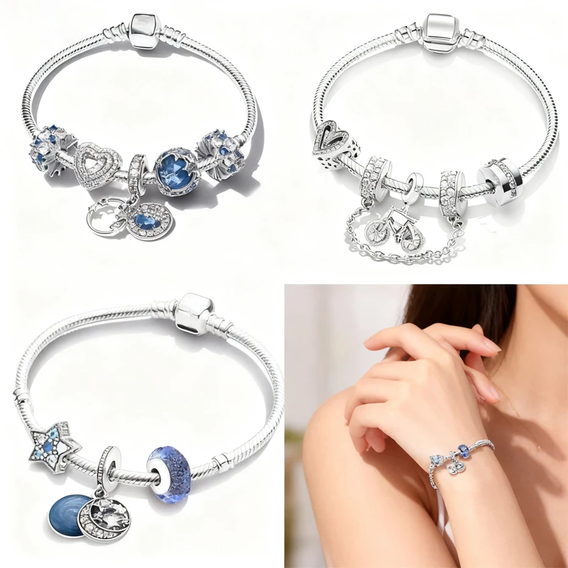 

НОВЫЙ посеребренный браслет-подвеска, бусины «сделай сам» с подвесками на велосипедной защитной цепочке со звездой и лунным сердцем, модные ювелирные изделия в подарок для женщин