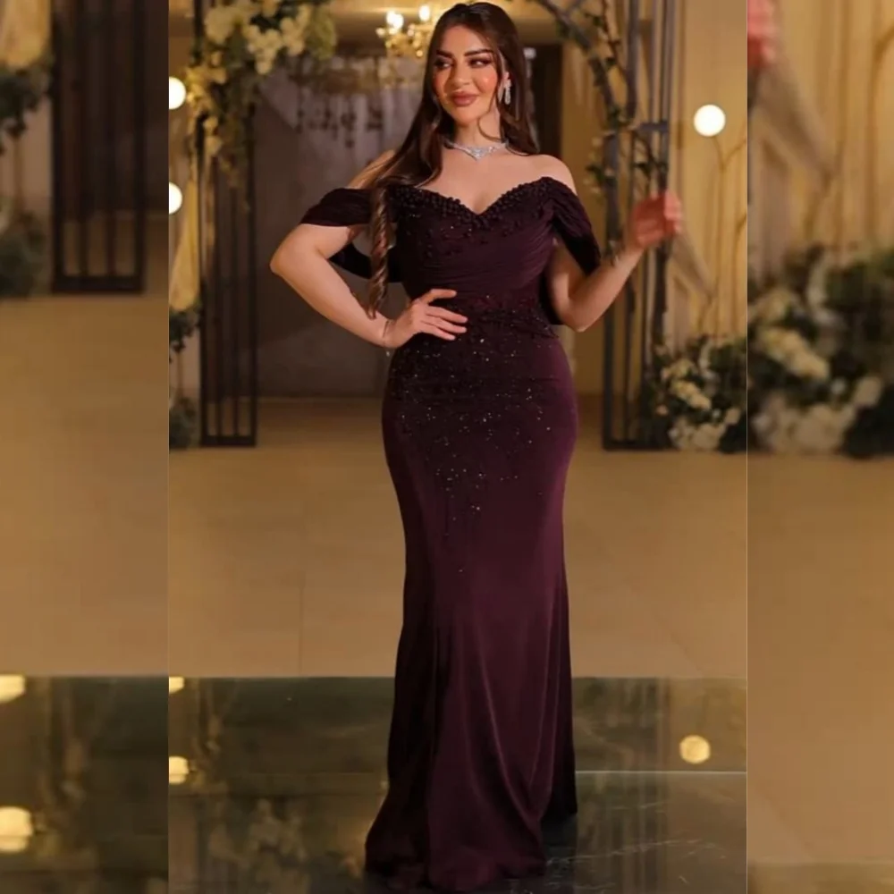 

Customized Elegant Sparkle Jersey Sequined Pleat Trumpet Off-the-shoulder Long Dresses Bespoke Occasion Sexy
