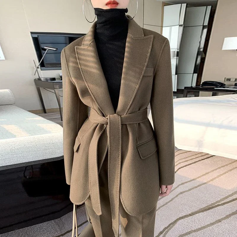 Autumn Winter Woolen Pant Suits Women Thick Belted Jackets Ladies Wool High Waist Pants Warm Trousers Set Female