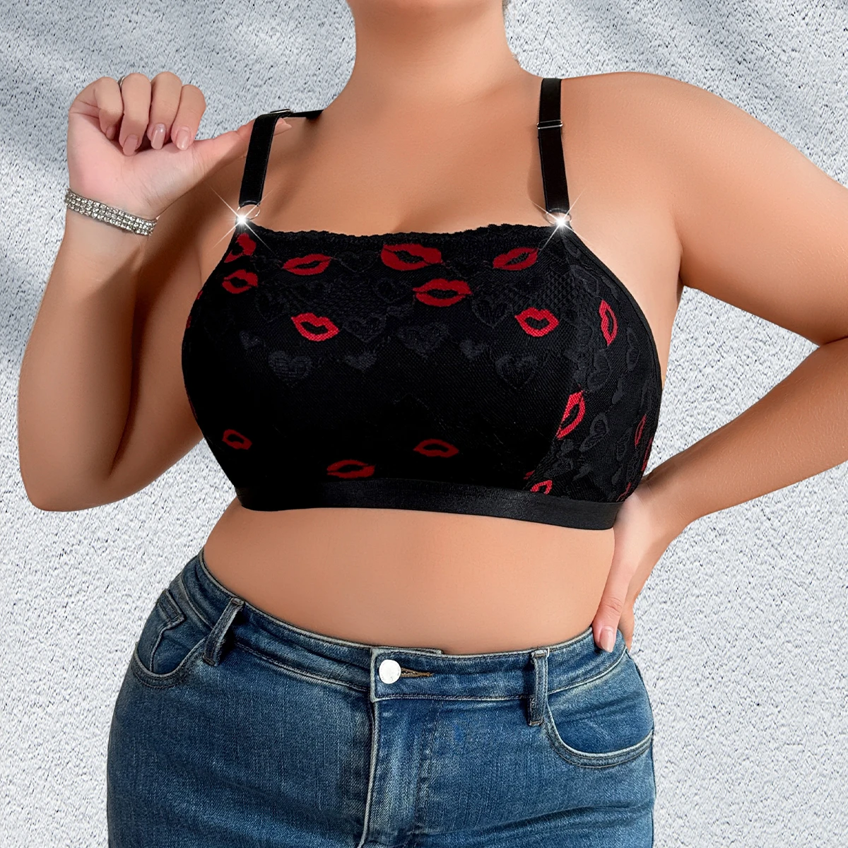 ks 1XL-4XL Plus Size Sexy Dámské Podprsenky Červené Rty Tisk Bez Vycpávky Dámské Spodní Prádlo Nastavitelný Ramenní Popruh Bez Kostic Sexy Lístek - náhled 6