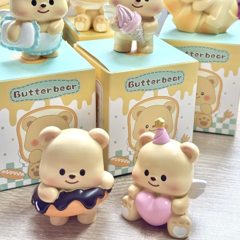 Boîte aveugle ours au beurre, poupée de dessin animé, Figurine ours mignon, décoration de bureau de voiture, cadeau pour femmes, jouet en peluche doux, ours à collectionner