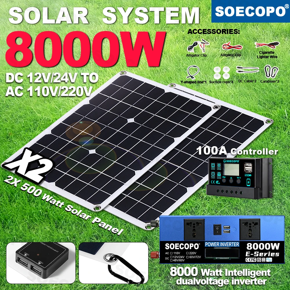 

SOECOPO 8000W Portable Home Camping Car Use Solar Kit 2×500W Panels DC 12V/24V Inverter (2 Outlets 110V/220V) 100A Controller