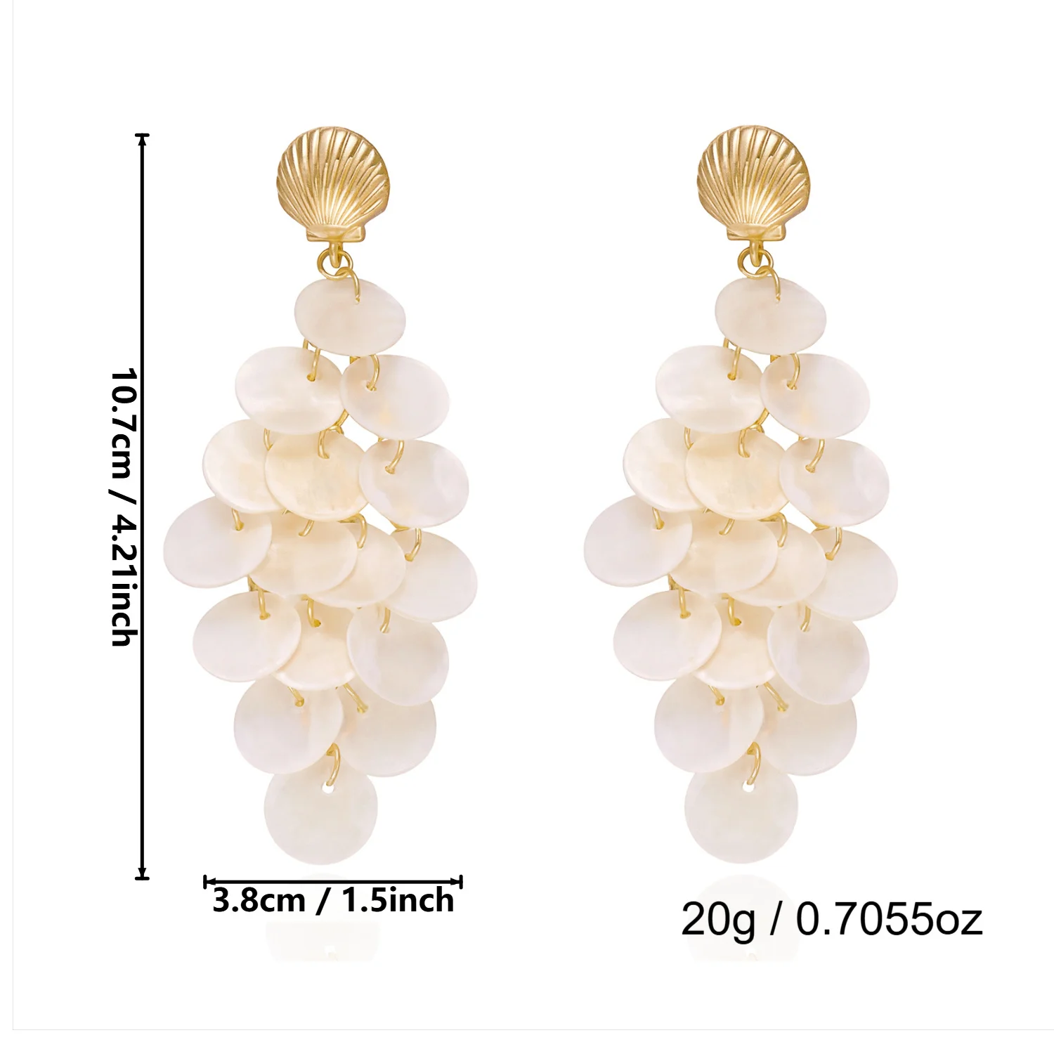 Exquisite weiße runde Muschel-Quasten-Ohrringe für Damen – Sommerlicher Ozean-Stil mit Seestern und Jakobsmuschel – Ästhetischer Partyschmuck – Detail 8