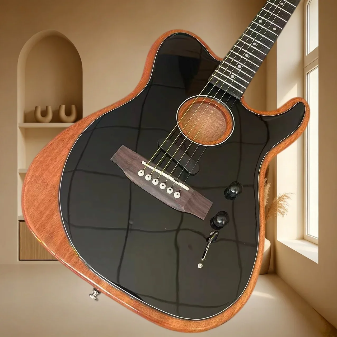 Black Gloss Acoustic Electric Hybrid Guitar Mahogany Binding Piezo Pickup Acoustic Electric Dual Use Singing Fingerstyle Stage