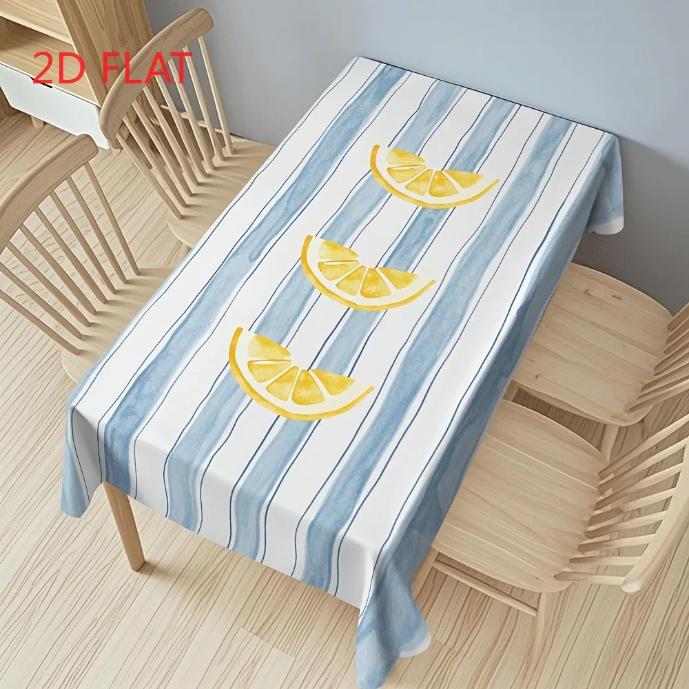 Tablecloth 1 piece 2d flat - A polyester fabric tablecloth featuring a blue and white watercolor striped lemon slice pattern.