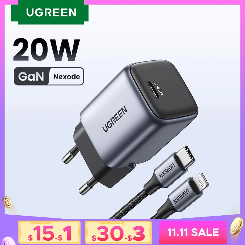 UGREEN 20W 30W GaN Charger PD Fast USB Type C Charger USB C PD3.0 QC3.0 Quick Charging For iPhone 16 15 14 Mobile Phone Charger