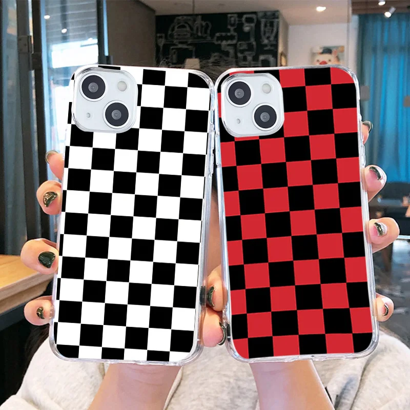 Checkerboard Plaid Black White Square Case for iPhone 11 12 13 14 Pro Max X XR XS 7 8 Plus SE22 TPU Transparent Soft Case