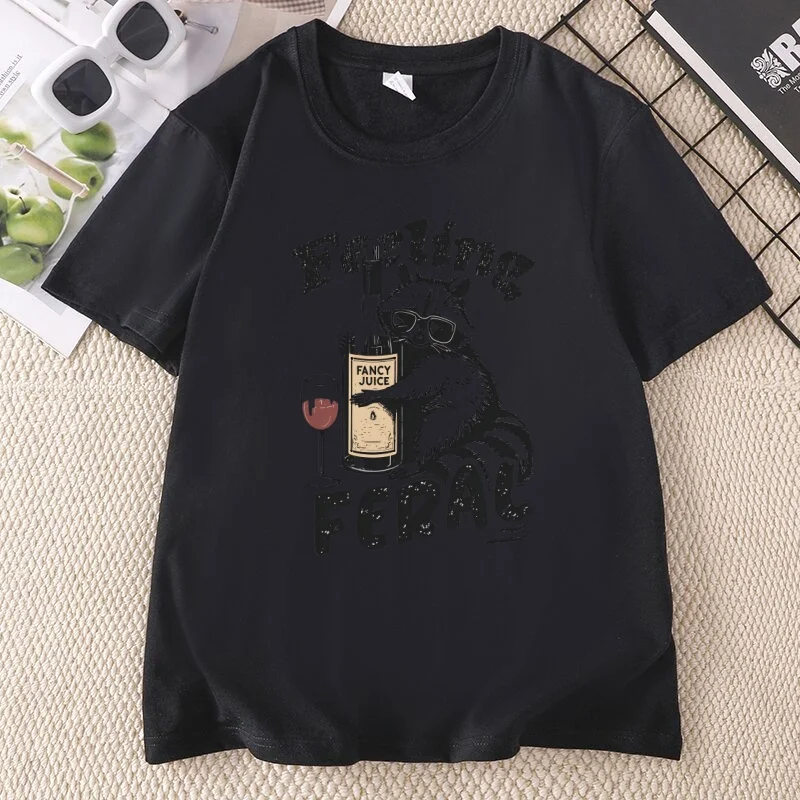 Feeling Feral Funny Raccoon Meme T-Shirt Women Humorous Graphic Tee Funny Mental Health Y2K Feral Tees Casual Round Neck Tops