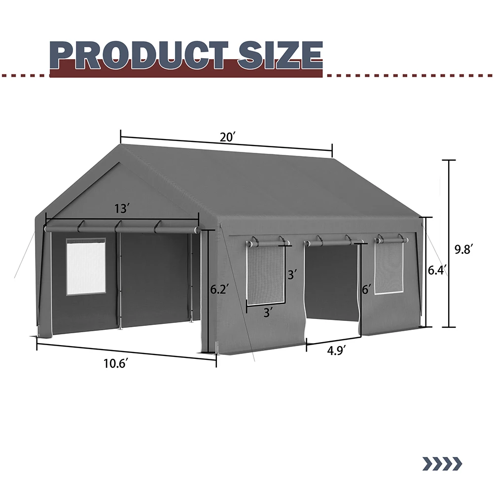 13'x20' carport Storage Shed, Durable, High-Strength, Waterproof and UV-Resistant, with Ventilation windows, Easy to Install, Grey