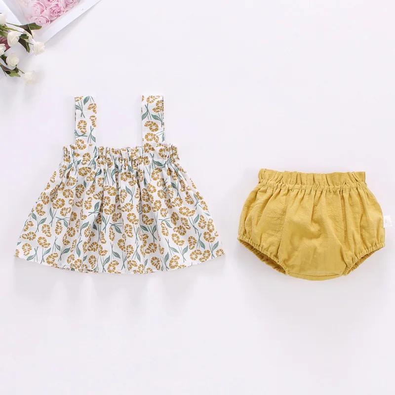 Summer Baby Girl Clothes Set Sweet Floral Halter Dress+Solid Short Infant Cotton Soft Breathable Suits Baby Outing Outfits 3-18M