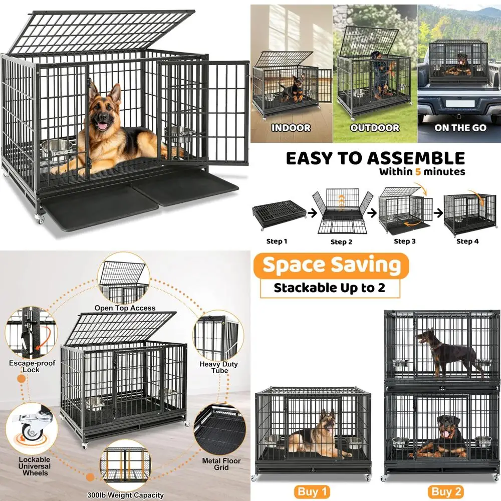 

Sturdy Metal Dog Crate, 48/43/37 Inch, Stackable, Escape-Proof, with Two Trays for Indoor Use