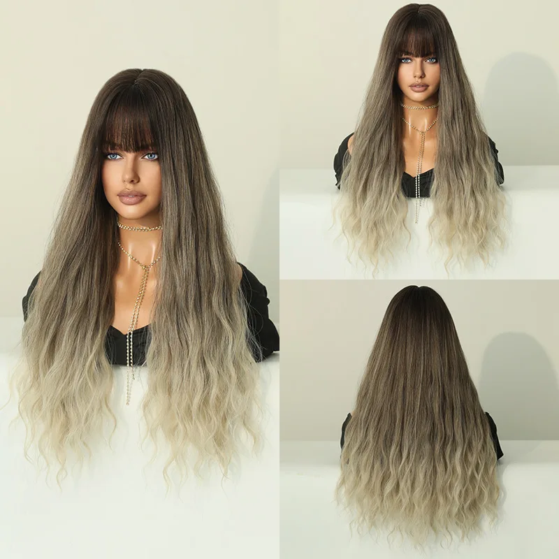 Chemical fiber  big curls bangs gray  long mechanism wig head cover